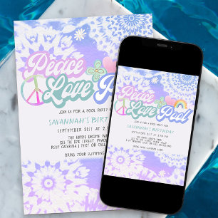  Groovy Pastel Tie Dye Peace Love Pool Party Invitation