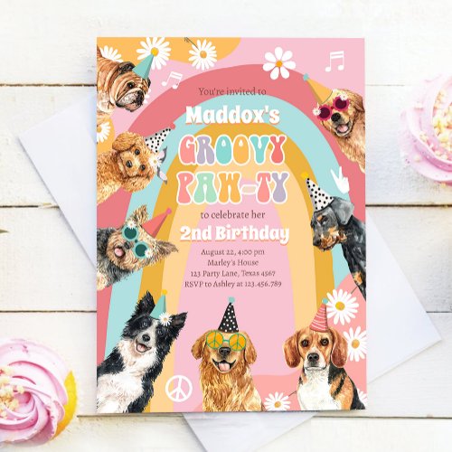Groovy Pawty Retro Daisy Hippie Dog Girl Birthday Invitation