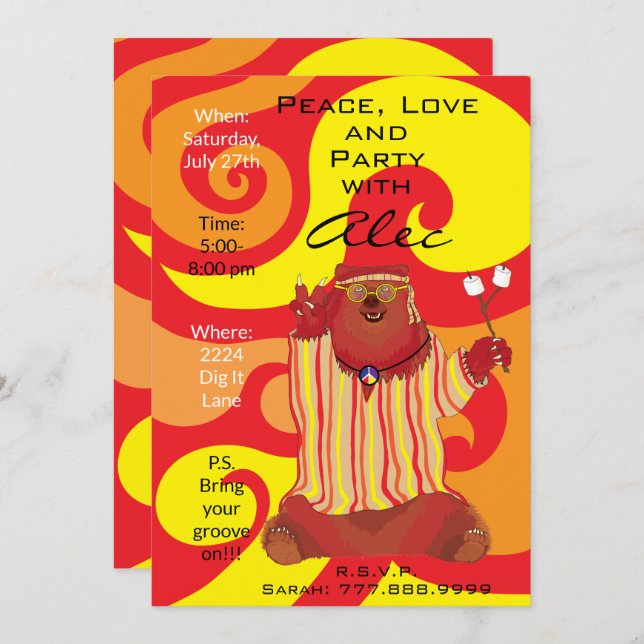 Groovy Peace Bear 1960"s Style Invitation (Front/Back)