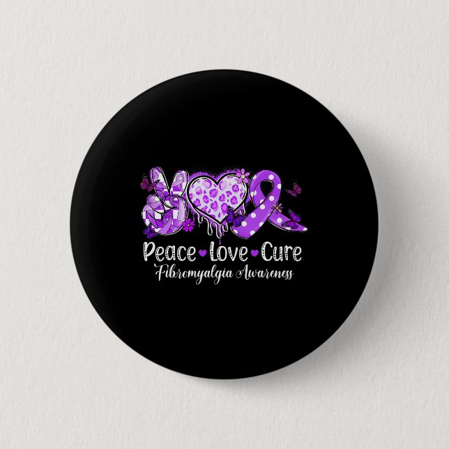 Groovy Peace Love Cure Purple Ribbon Fibromyalgia  Button (Front)