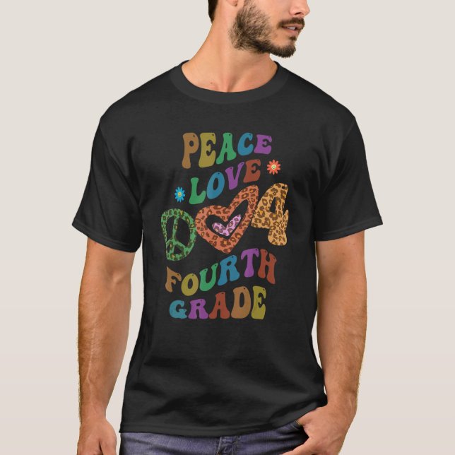 Groovy PEACE LOVE FOURTH GRADE Leopard Print 4th G T-Shirt (Front)