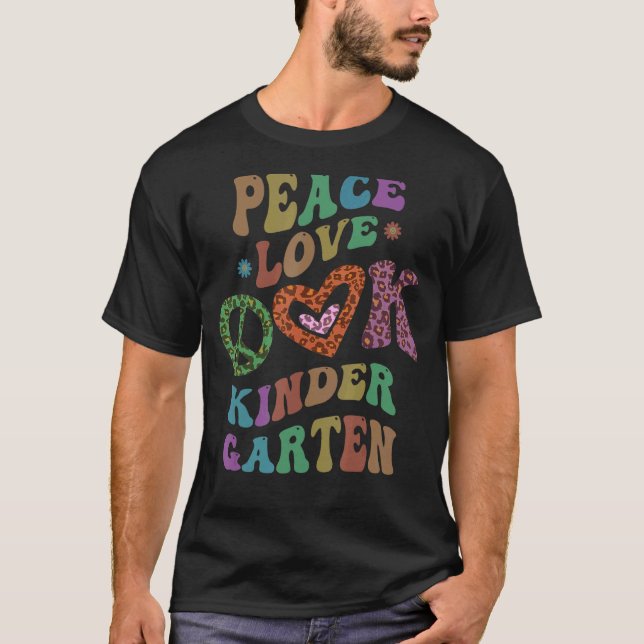 Groovy PEACE LOVE KINDERGARTEN Leopard Print Kinde T-Shirt (Front)
