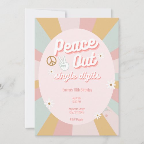 Groovy Peace Out Retro Single Digits 10th Birthday Invitation