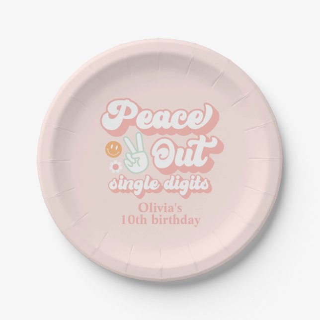 Groovy Peace Out Single Digits 10th Birthday Paper Plates (Front)