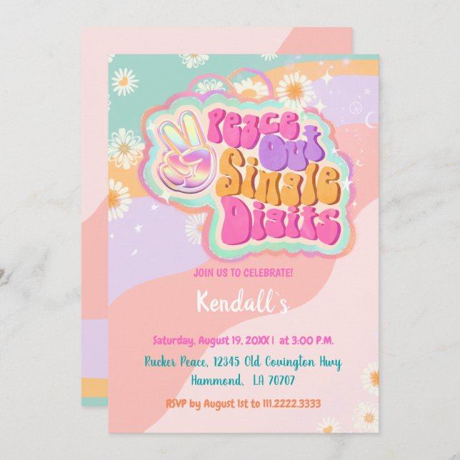 Groovy Peace Out Single Digits 10th Invitation (Front/Back)