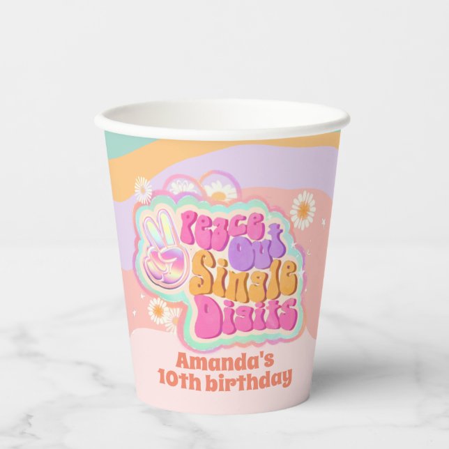Groovy Peace Out Single Digits 10th Paper Cups (Front)