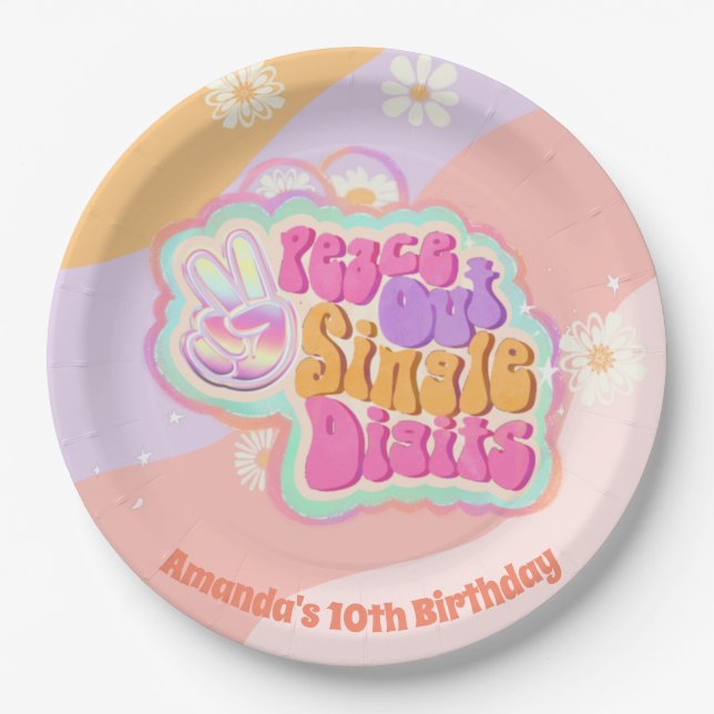 Groovy Peace Out Single Digits 10th  Paper Plates (Front)