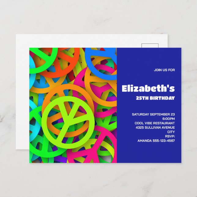 Groovy Peace Signs Rainbow Pattern Birthday Invite (Front/Back)