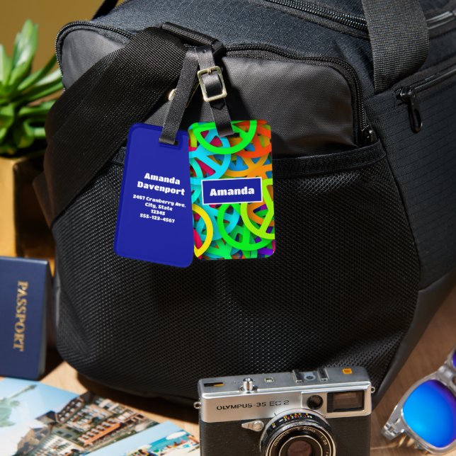 Groovy Peace Signs Rainbow Pattern Luggage Tag (Front & Back)