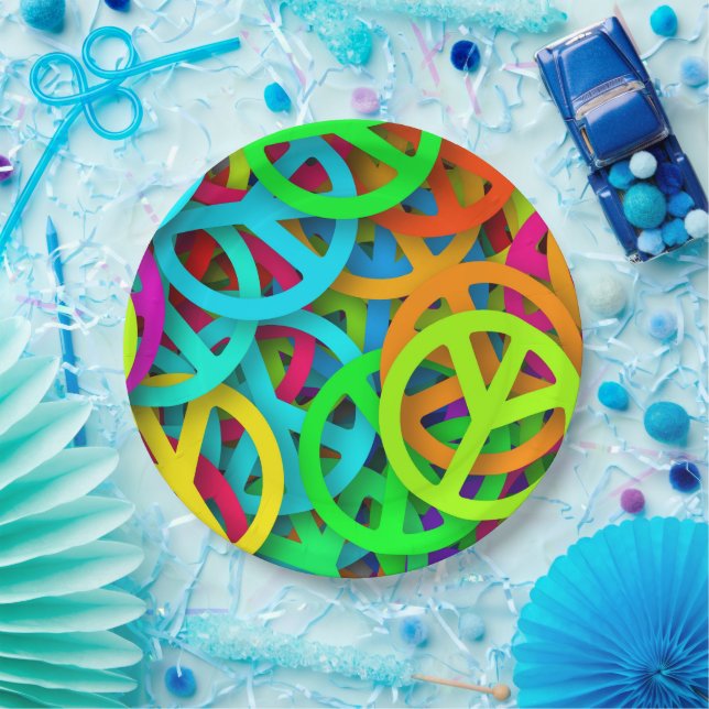 Groovy Peace Signs Rainbow Pattern Paper Plates (Party)