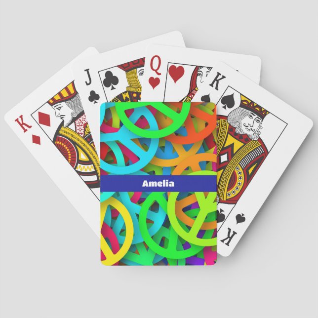 Groovy Peace Signs Rainbow Pattern Poker Cards (Back)