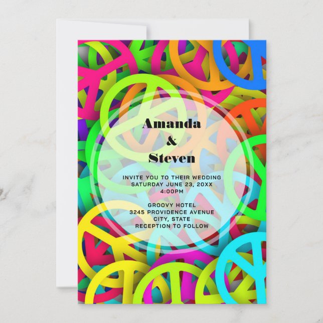 Groovy Peace Signs Rainbow Pattern Wedding Invitation (Front)