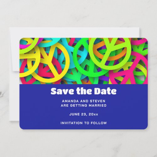 Groovy Peace Signs Rainbow Pattern Wedding Save The Date