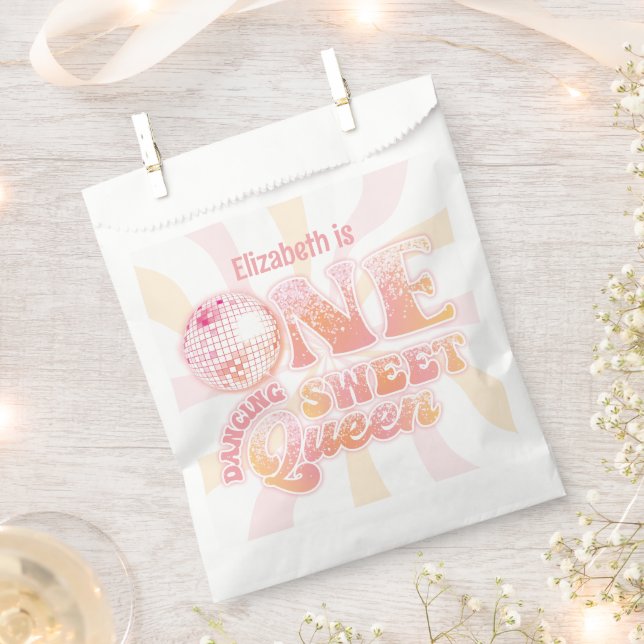 Groovy Peach Pink disco Dancing Queen 1st Birthday Favor Bag (Clipped)