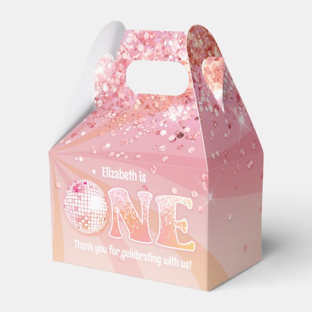 Groovy Peach Pink Disco Dancing Queen 1st Birthday Favor Boxes (Front Side)