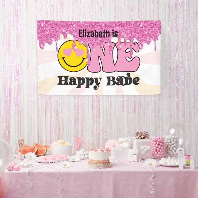 Groovy Peach Pink One Happy Babe Birthday Banner (Party)