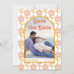 Groovy peach, yellow flowers 70s inspired photo save the date