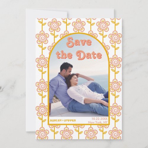 Groovy peach yellow flowers 70s inspired photo save the date