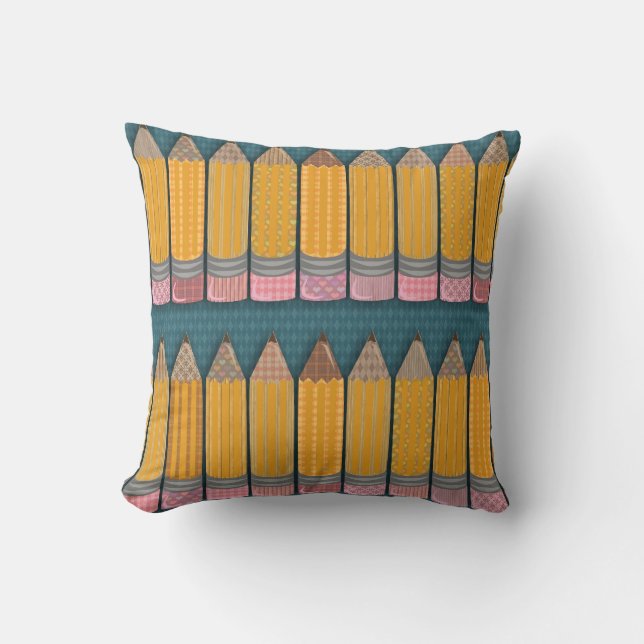 Groovy Pencils Illustrated Fun Writing Pattern Throw Pillow (Front)
