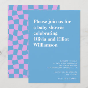 Groovy Periwinkle Checkerboard Cute Baby Shower Invitation