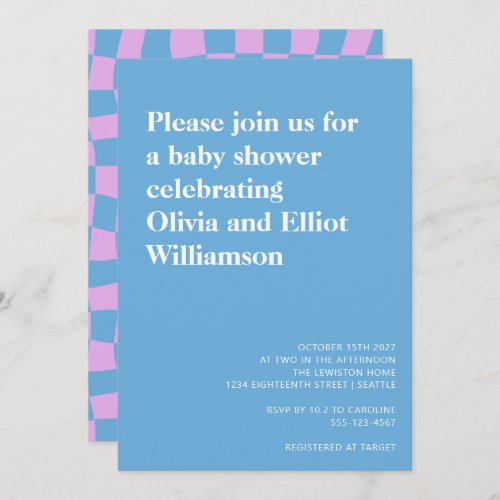 Groovy Periwinkle Checkerboard Cute Baby Shower Invitation