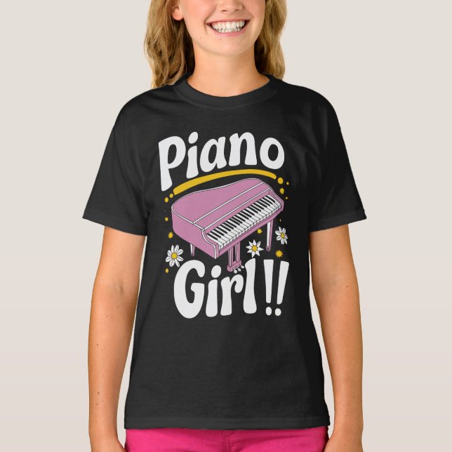 Groovy Piano Girl - Retro Pink Grand Piano T-Shirt (Front)