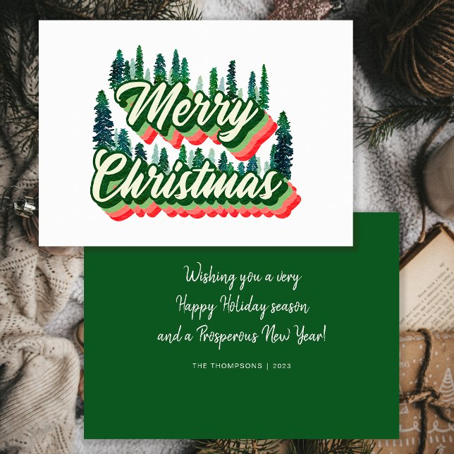 Groovy Pine Trees Landscape Retro Merry Christmas Holiday Card (Front and Back)