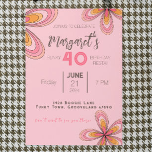 Groovy Pink 40th Birthday Party 70s Hippie Flower Invitation