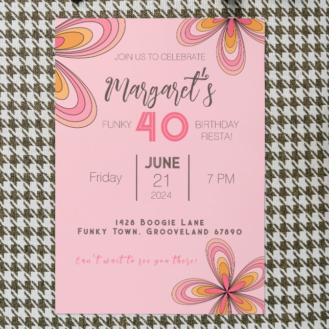 Groovy Pink 40th Birthday Party 70s Hippie Flower  Invitation (Creator Uploaded)