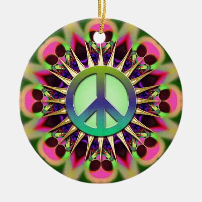 Groovy Pink Alien Peace Sign Ornament (Front)