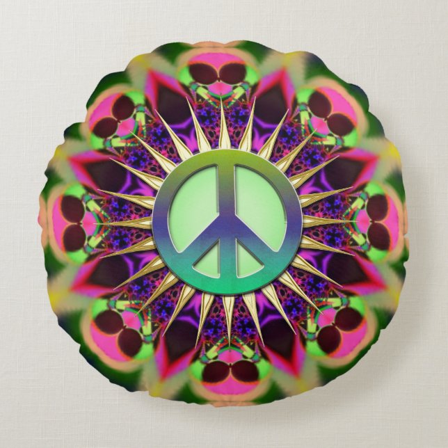 Groovy Pink Alien Peace Sign Round Pillow (Front)