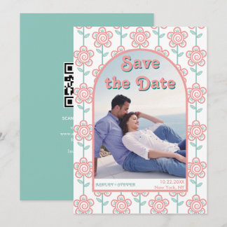Groovy pink and aqua flowers 70s inspired photo save the date