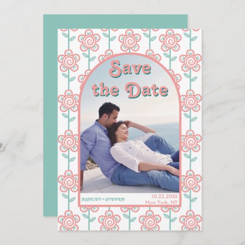 Groovy pink and aqua flowers 70s inspired photo save the date