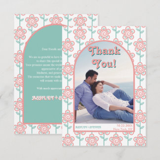 Groovy pink and aqua flowers 70s wedding photo thank you card