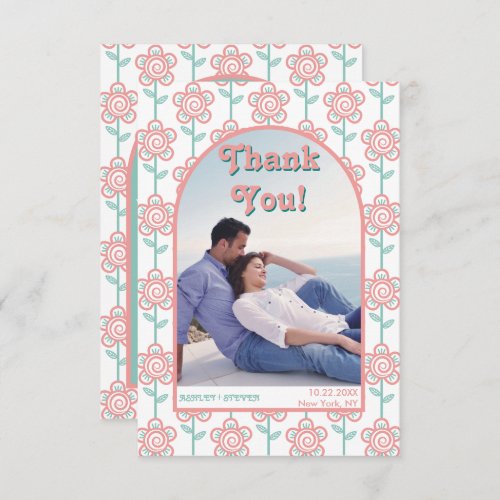 Groovy pink and aqua flowers 70s wedding photo thank you card