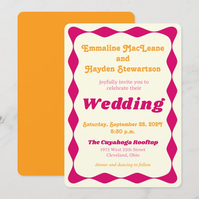 Groovy Pink and Gold Wavy Border Wedding Invitation (Front/Back)