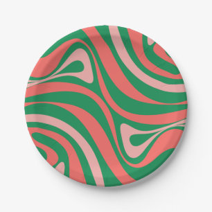 Groovy Pink and Green Retro Christmas Swirls Paper Plates