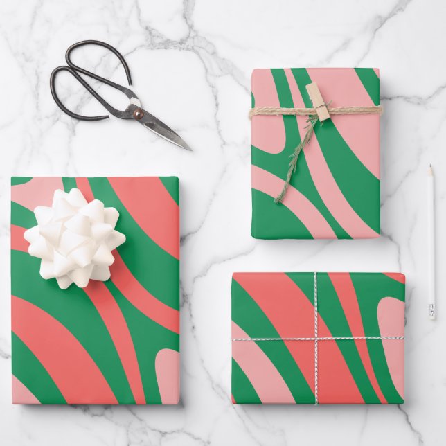 Groovy Pink and Green Retro Christmas Swirls  Wrapping Paper Sheets (Front)