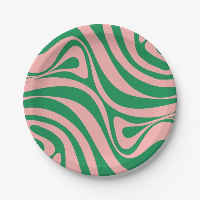 Groovy Pink and Green Retro Swirls Paper Plates (Front)