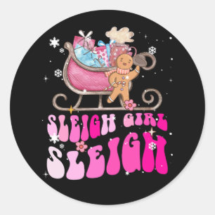 Groovy Pink Christmas Coffee Sleigh girl Gingerb Classic Round Sticker