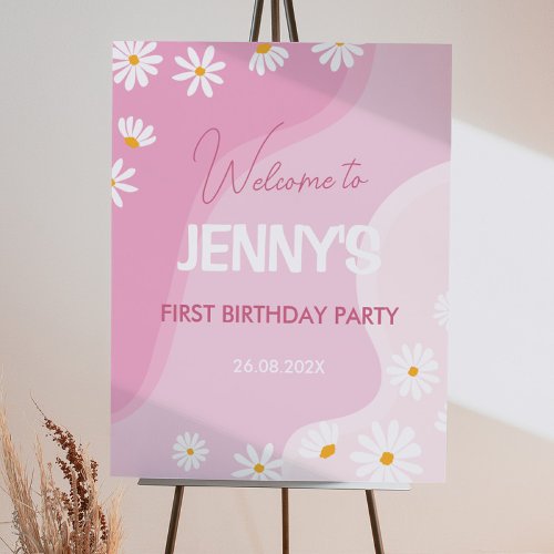 Groovy Pink Daisy Birthday Welcome Sign