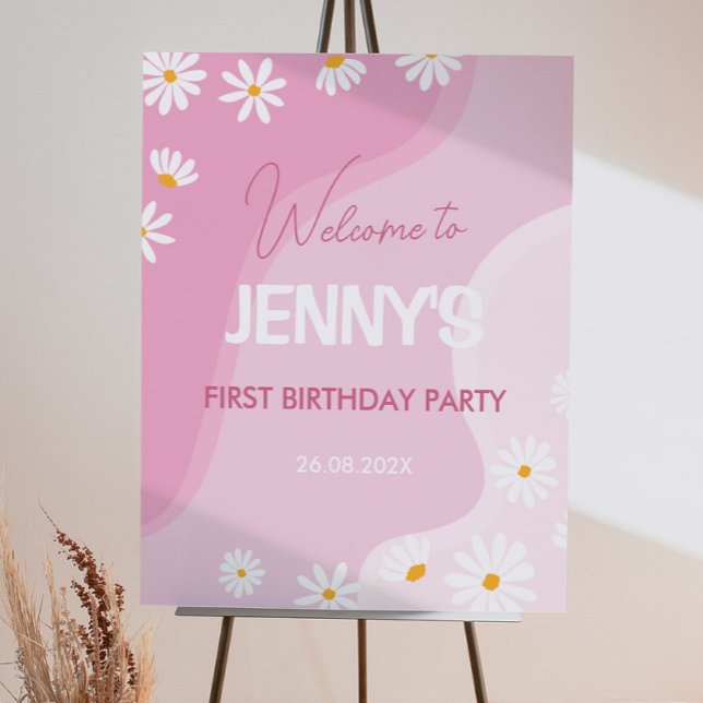 Groovy Pink Daisy Birthday Welcome Sign (Creator Uploaded)