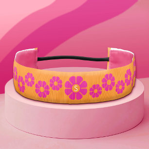 Groovy Pink Daisy with Custom Orange Monogram Athletic Headband