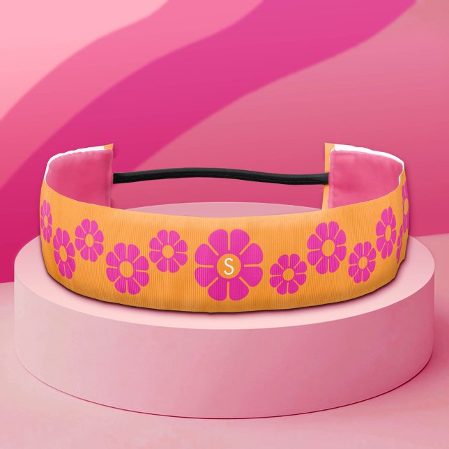 Groovy Pink Daisy with Custom Orange Monogram Athletic Headband (Custom Monogram Headband)