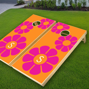 Groovy Pink Daisy with Custom Orange Monogram Cornhole Set