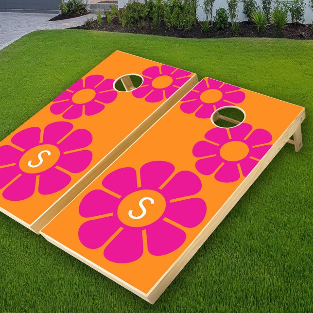 Groovy Pink Daisy with Custom Orange Monogram Cornhole Set (Custom Cornhole Set)
