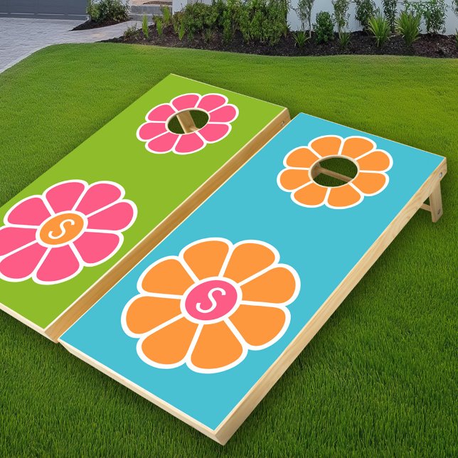 Groovy Pink Daisy with Custom Orange Monogram Cornhole Set (Custom Cornhole Set)