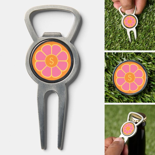 Groovy Pink Daisy with Custom Orange Monogram Divot Tool (Custom Golf Divot Tool)