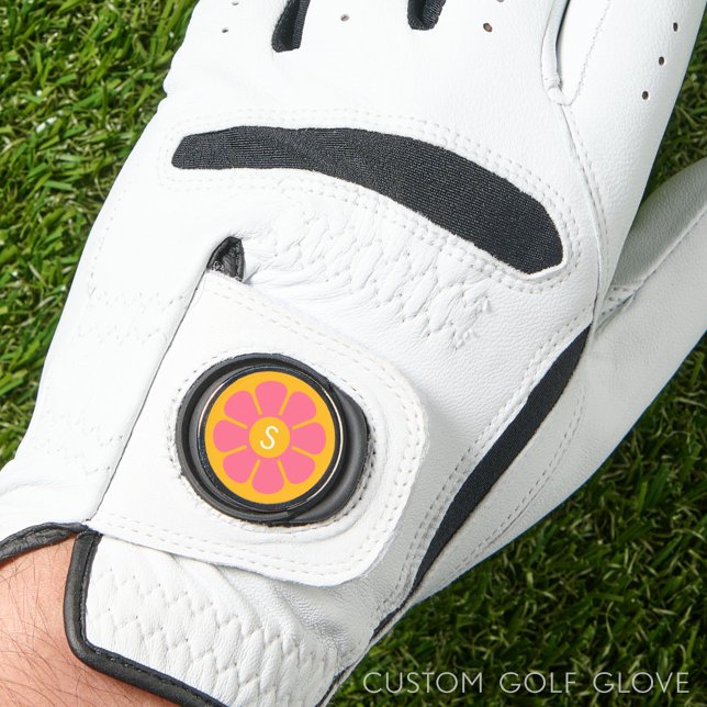 Groovy Pink Daisy with Custom Orange Monogram Golf Glove (Custom Golf Glove)