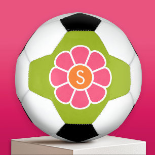 Groovy Pink Daisy with Custom Orange Monogram Soccer Ball